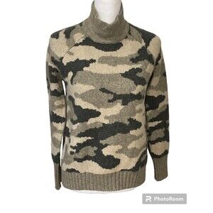 Christian Siriano Womens Camo Sweater Sz S Merino Wool Blend Mock Neck Hi Low E1